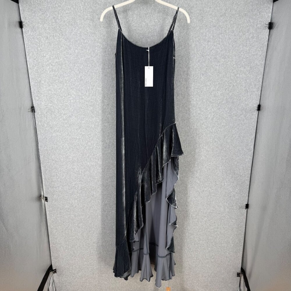 Reformation Winola Silk Velvet Maxi Dress Size S Shale Gray Blue Ruffle Slit NEW